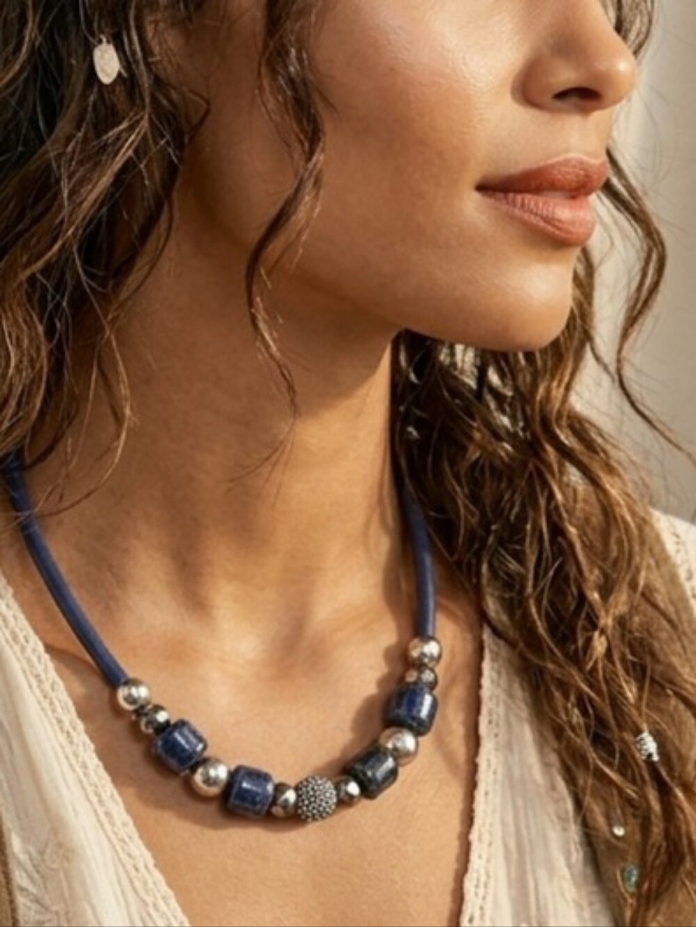 Christopher & Banks Blue And Silver Choker Style Chunky Necklace